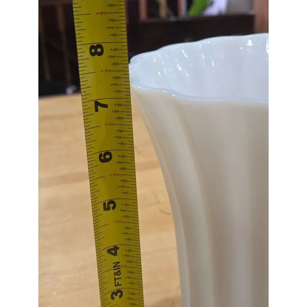Antique White Milk Glass Fluted Fan Vase Straw Marks Scalloped Edge Antique 7.5